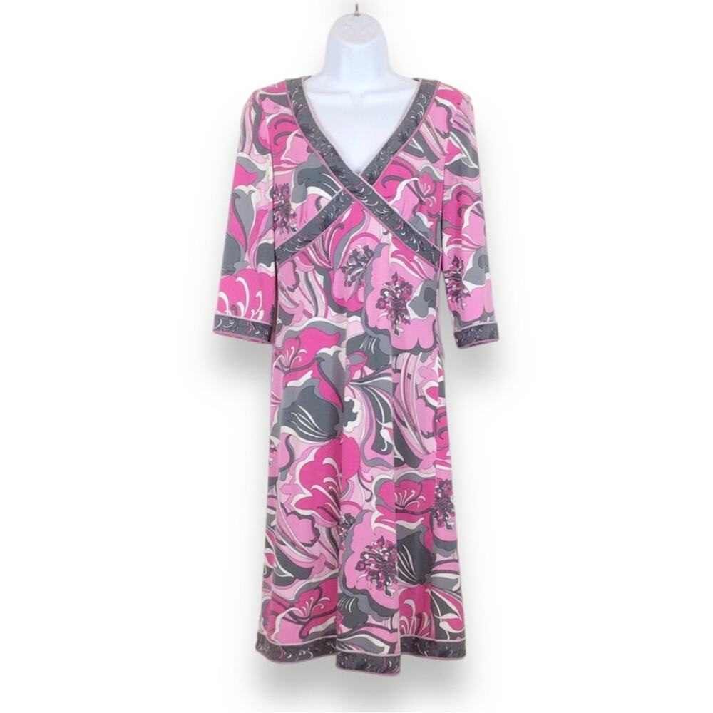 TAHARI ASL Pink & Grey Paisley Scuba Knit Shift Midi Dress size 4